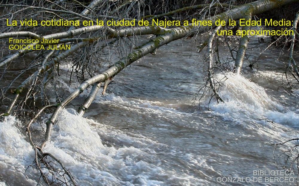 Las crecidas estacionales del ro Najerilla, como la de la foto, que anegaban huertas y aledaos de la calle mayor, fueron sin duda un elemento cotiadino de la vida najerense. Recurdese que en la batalla de Njera muchos trastamaristas murieron ahogados cuando intentaban guarecerse en Njera de las fuerzas de Pedro I, segn se cuenta "las aguas del ro Najerilla se tieron de sangre"